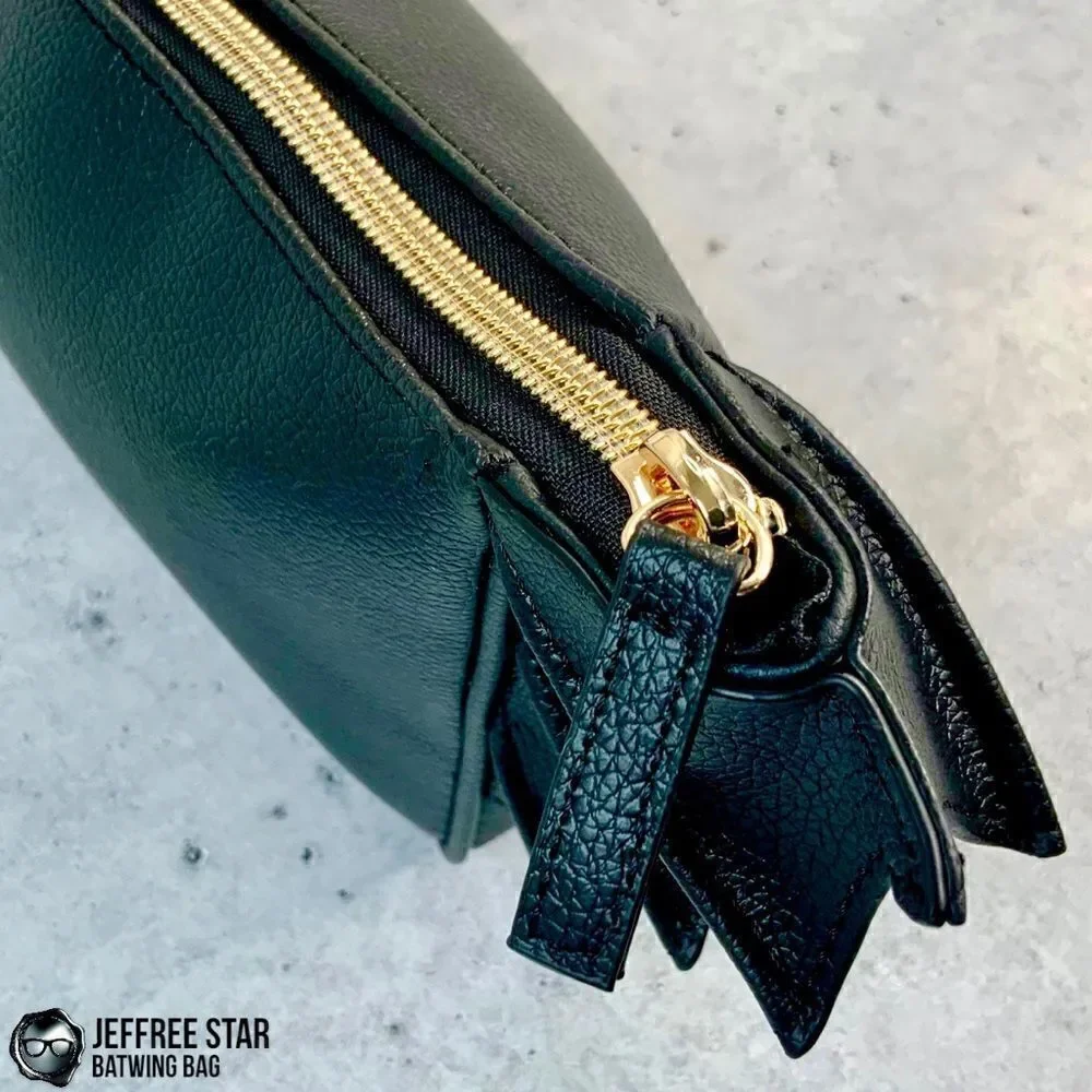 JEFFREE STAR BAT PURSE ZIPPER MAKEUP COSMETIC BAG IN BLACK VEGAN LEATHER BATWING